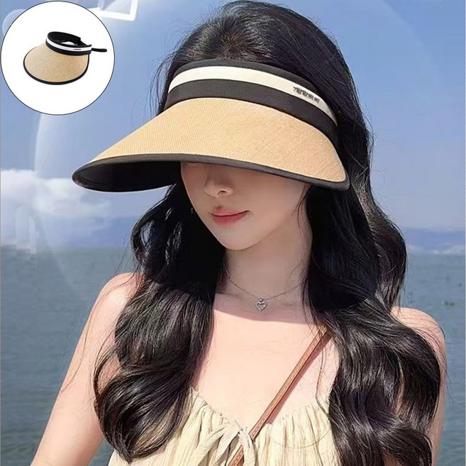 블랙코팅 자외선차단 여성 썬캡 휴대용 돌돌이 밀짚모자