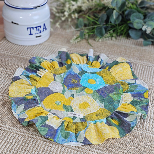 홈수니 커피포트 커버 원형 플레이팅 매트 린넨, 명화플라워 옐로우