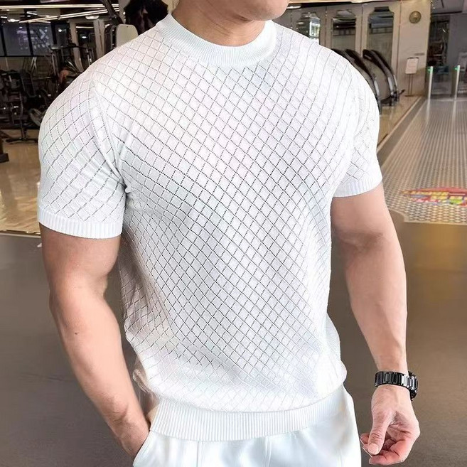 남성 니트 반팔 티셔츠 봄 여름 캐주얼 라운드넥 체크 펀칭 반팔티 남자 슬림핏 트렌드 얇은 냉장고 니트 상의 WMY