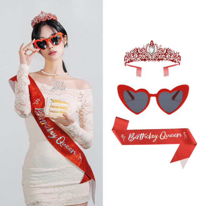 키치셀럽 인싸 생일파티 키치포인트 벌스데이 티아라 선글라스 세트, 1세트, 레드