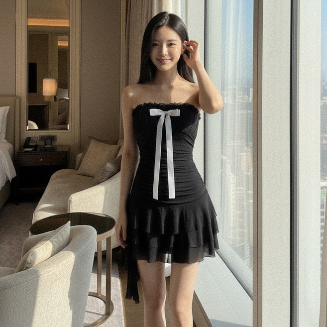 글램디브 안느린 섹시 탑 리본 망사 미니원피스 AI1242