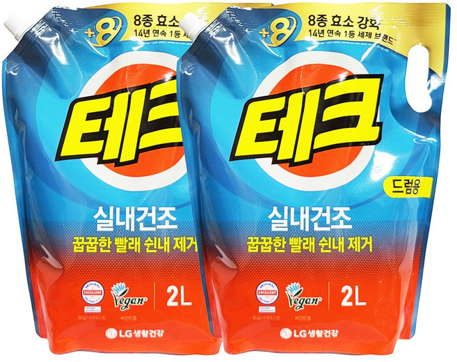 테크 실내건조 액체세탁세제 드럼 리필, 2개, 2L