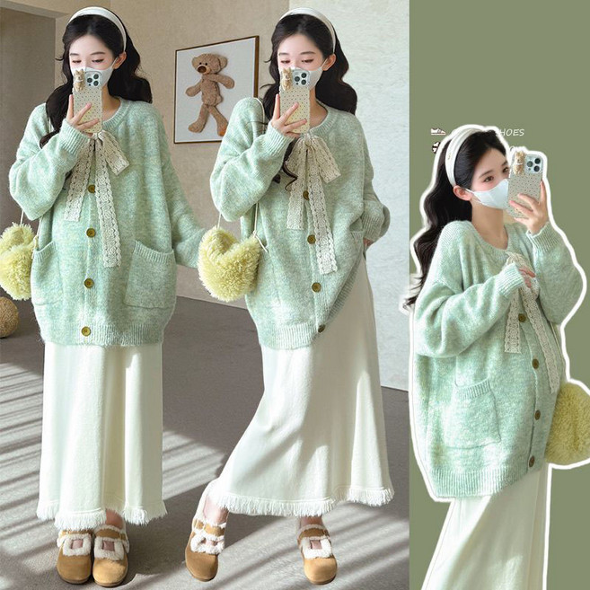 임산부 투피스 치마 세트 봄 가을 오버사이즈 니트 가디건 리본 장식 세련된 데일리 스웨터 레이어드 JS