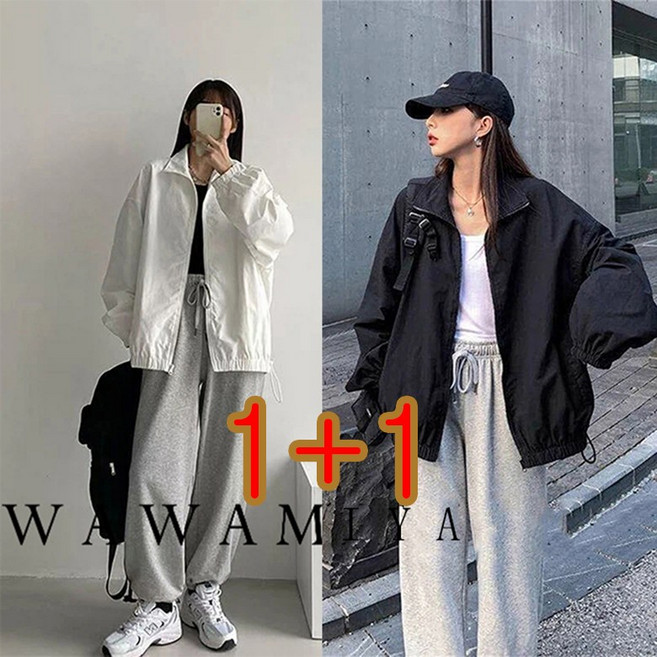 루즈핏 야구복 봄가을 캐주얼 스포츠 래시가드 박시핏 여성코트 빅사이즈 와이드 긴팔 자켓 바람막이 상의 WAWAMIYA