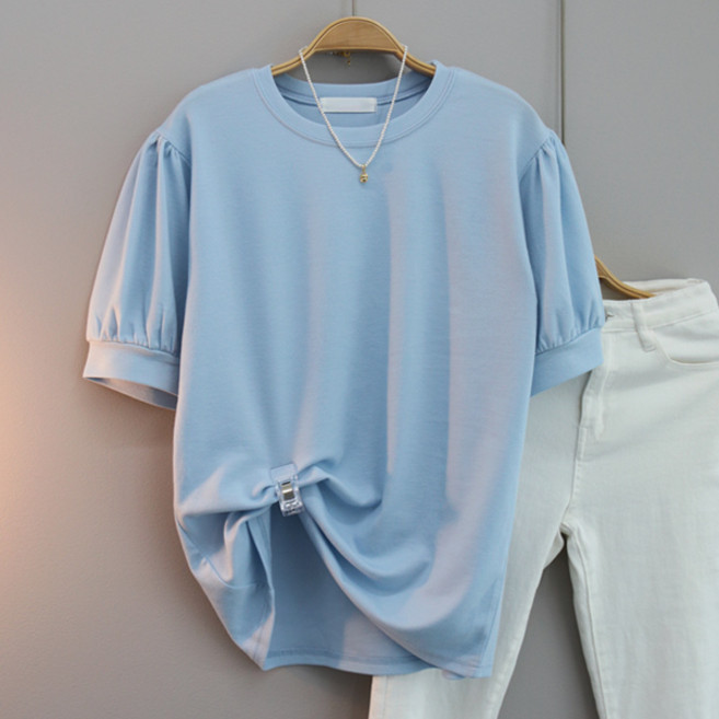 달콩 여성 퍼프소매 티셔츠 어깨셔링 반팔 심플 레이어드룩 국내제작 메이비셔링소매티셔츠