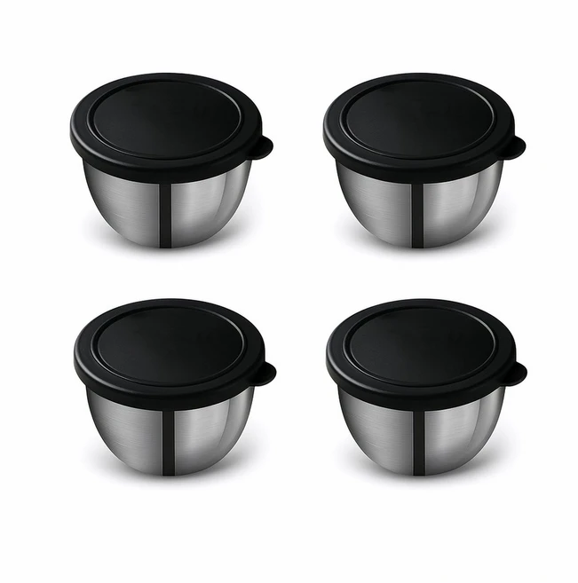 엘리펀트 75ml 스테인리스 소스통 4P 세트 - 밀폐 컬러 PET뚜껑 포함 소형 반찬통/양념통/도시락 소스컵, 모던 블랙, 4개 - 쿠팡