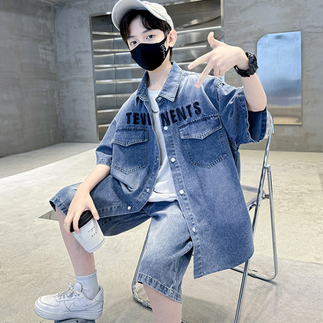 비비키드 남아 여름 TEVENNENTS 포켓 데님 셔츠 남방 상하복 주니어 세트 초중생 반팔티 초등생 반바지 세트 (677)