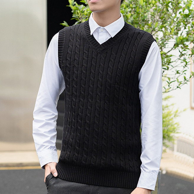 Makone 남성 니트 조끼 브이넥 솔리드 꽈배기 캐주얼 슬림 민소매 풀오버