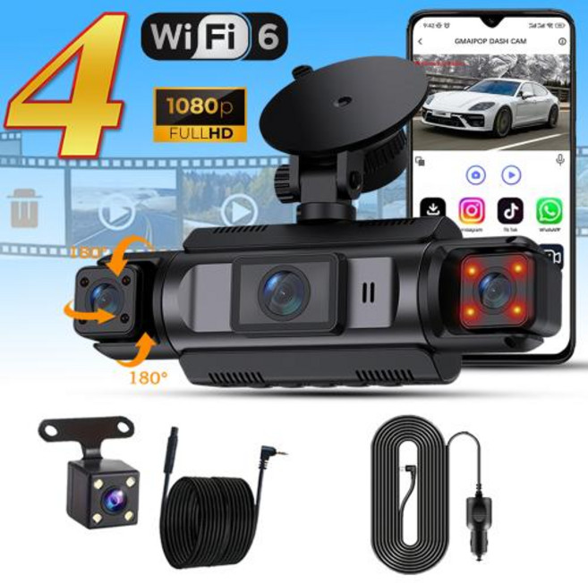 4채널 WiFi 블랙박스 차량용 카메라 FHD 1080P 전방 좌측 야간촬영 루프 녹화 하드와이어 키트, Hardwire kit, 128G Card