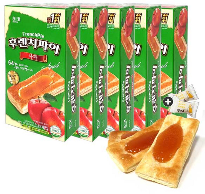 해태 후렌치파이 사과(15입) x 5통+밀크츄 2개 세트 번들 10호, 950g, 1세트