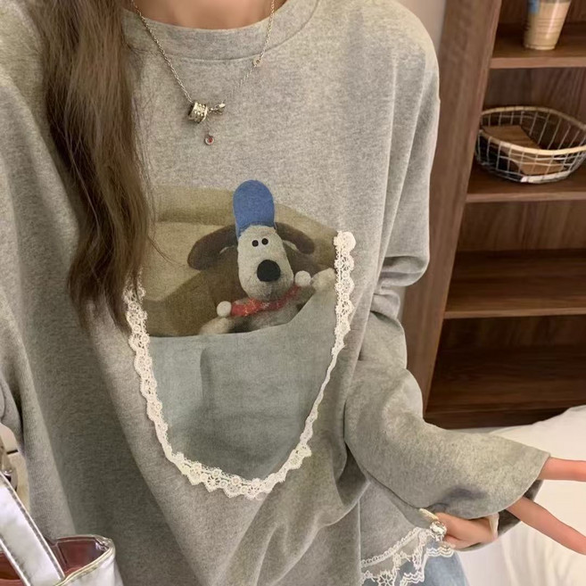 여성 레이스 기모 플라워 긴팔 상의 봄 두툼한 보온 블라우스