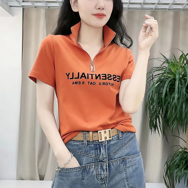 WANGBAIWAN 여성 반집업 반팔티 루즈핏 날씬해 보이는 컴포트 캐주얼 티셔츠 S42925