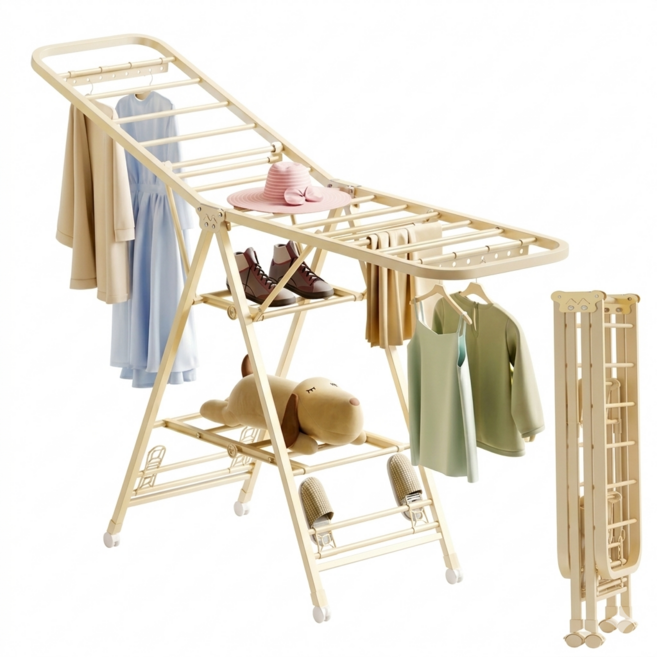 접이식 3단 빨래건조대 실내외 겸용 튼튼한 이동식 건조대, 크림화이트