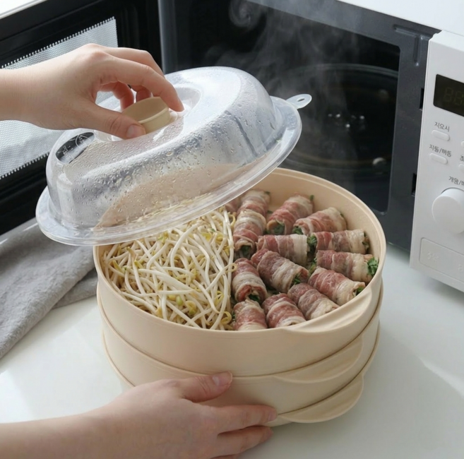 레몬글라스 국내생산 전자레인지 전용 2단 스팀 찜기 세트 25cm 대용량 (본체+채반+뚜껑) / BPA FREE 안전 소재, 1개, 아이보리