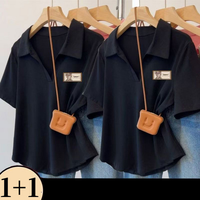 1+1 여성 폴로넥 반팔 티셔츠 봄 여름 슬림핏 코디용 셔츠 상의 여자 캐주얼 카라넥 반팔티 SJS