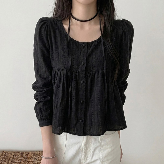 타니즈 이콘스 타이세트 퍼프소매 긴팔 셔링 여성 블라우스