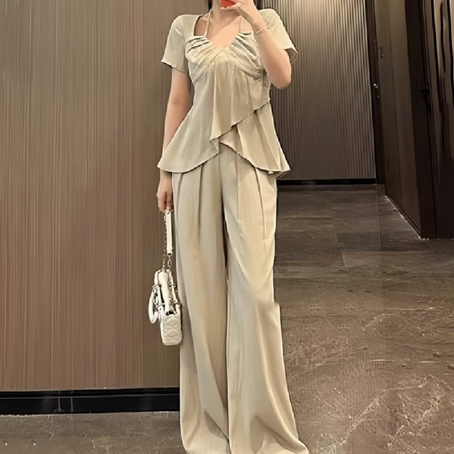 여름 여성 세트 빅사이즈 루즈핏 반팔티 와이드팬츠 세트 데일리룩 캐주얼 반팔티+바지 투피스