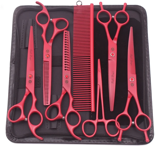 보라색 드래곤 개 손질 가위 키트 7 인치6.5인치 스테인레스 애완 동물 곡선 가위 얇은 가위 스트레이트 가, 03 Z3102-Hong-7P