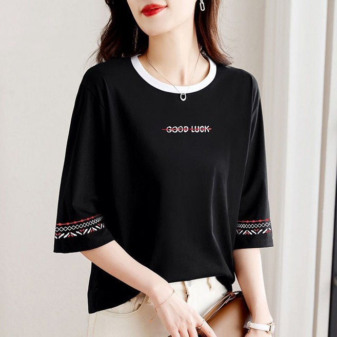 VVRR 여성 오버핏 라운드넥 레터링 프린팅 7부소매 면 티셔츠 A0041561