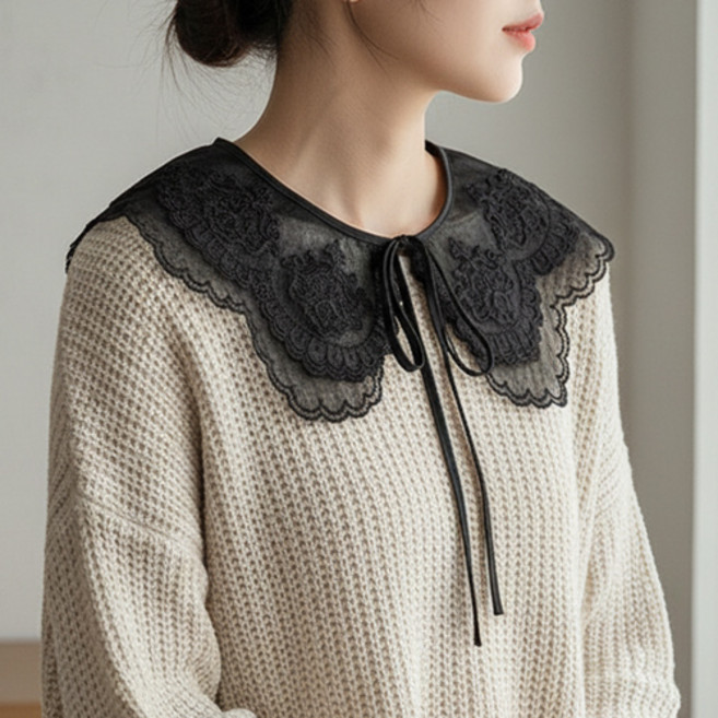 여성 레이스 이중 자수 프릴 리본 가디건 니트 레이어드 페이크 카라 넥케이프 F676