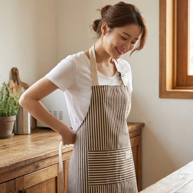 슈나온 북유럽풍 스트라이프 앞치마, 1개, 브라운