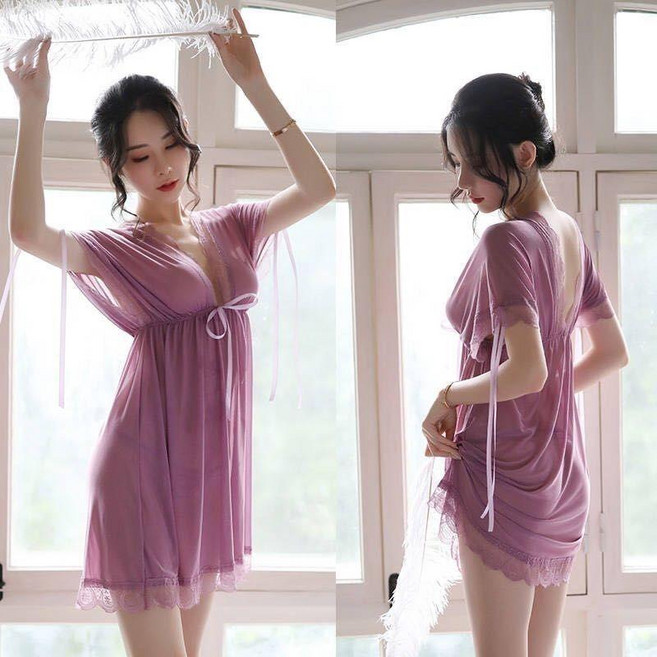 性感蕾絲網紗睡裙 胖MM寬鬆大碼V領居家服