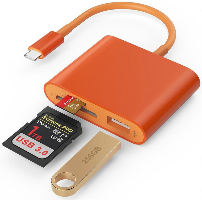 SD 카드 리더 iPhone 17 / 16 / 15 Pro Max 메모리 카드 리더 Mac / / Pro / Air Android Phone 태블릿 화이트 용 SD MicroS, Orange