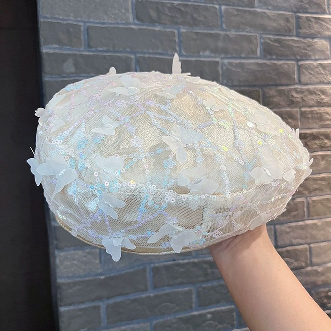 스팽글 베레모 여자 여름 메쉬 캡 패션 화가 통기 여행 팔각모자 플라워 반짝이 여자빵모자
