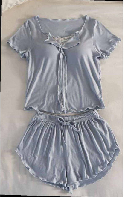 여성 여름 잠옷 세트 여성 여름 모달 소재 반팔 숏팬츠 레이스 홈웨어 세트 JXH