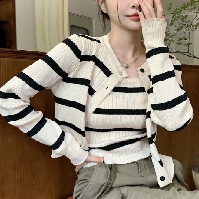 마리하우스 스트라이프 나시+가디건 세트 투피스