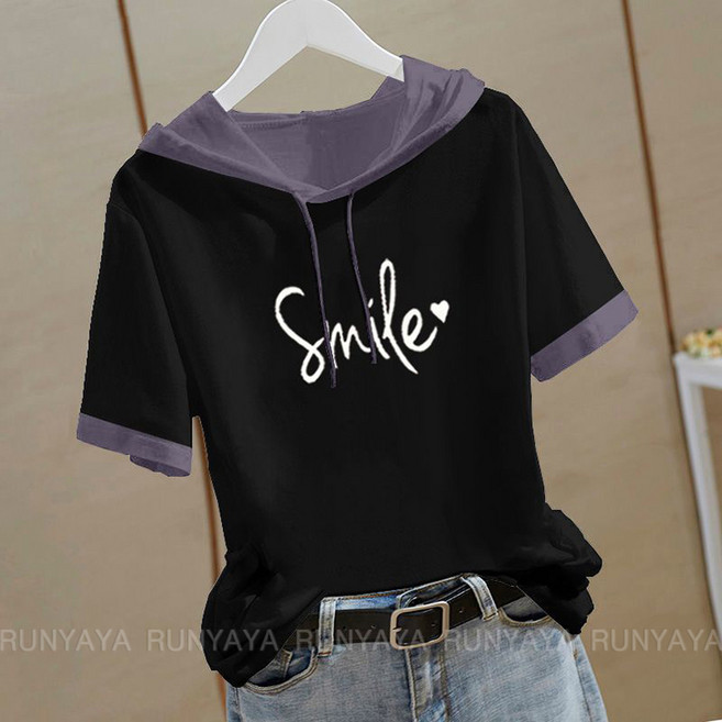 여름 여성 패치워크 반팔 티셔츠 박시한 후드티 빅사이즈 캐주얼 티셔츠 순면 반팔 후드티셔츠 D99U