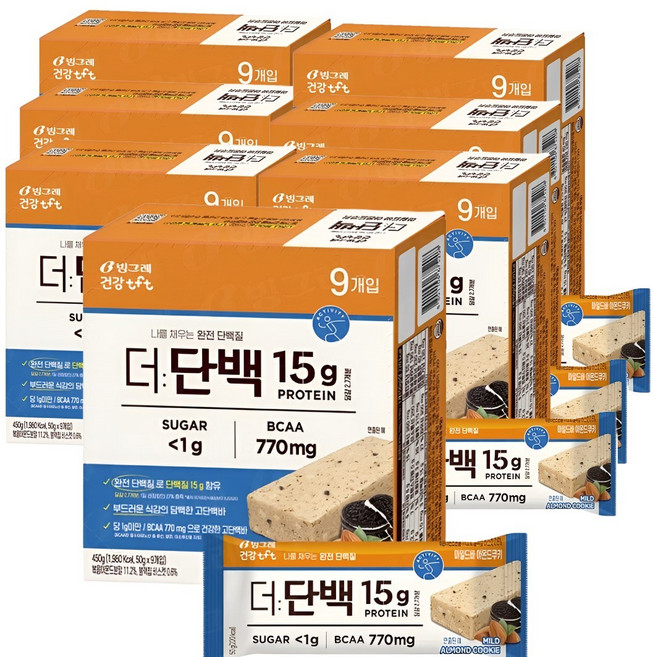 빙그레 더단백 단백질바 프로틴 마일드바 아몬드쿠키(50g 9개입 ), 450g, 7세트