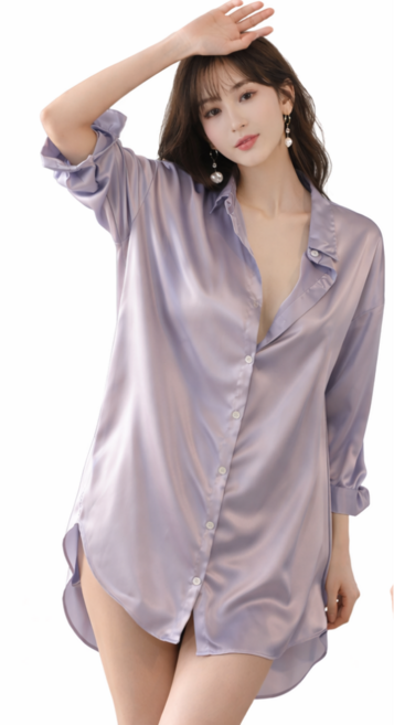 웨이모션 프리미엄 텍스처 실크 오버핏 셔츠 원피스 잠옷 루즈핏 슬립웨어