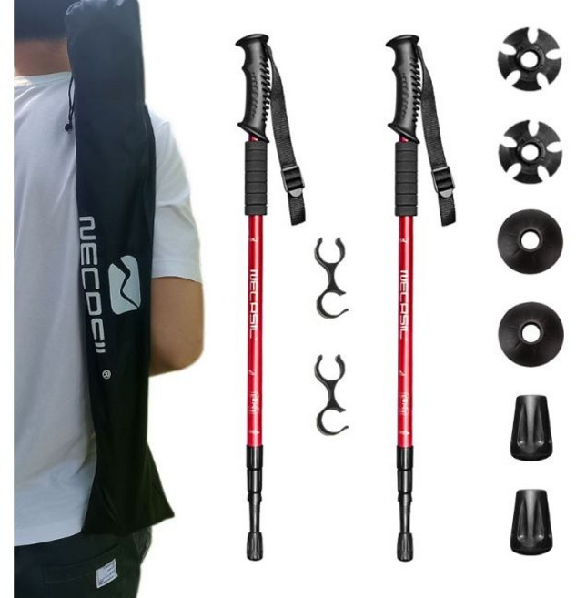 네카실 뉴캐슬 듀랄루민 초경량 3단 등산스틱 2p + 전용 케이스 + 교체용 고무캡, 레드, 1세트