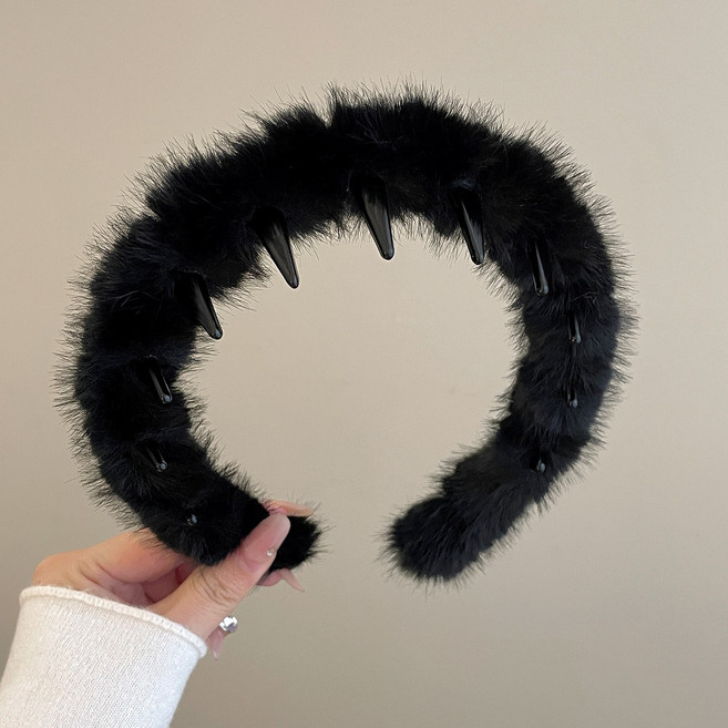 復古豹紋絨毛髮箍，可愛尖牙設計