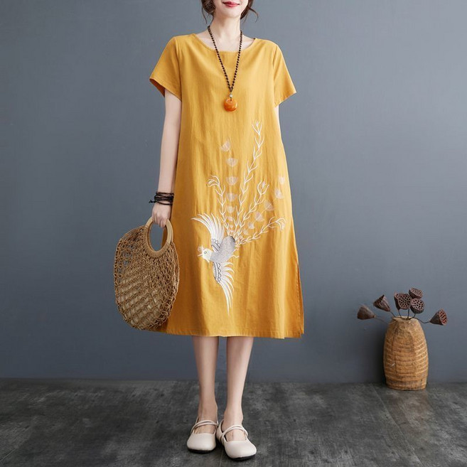 2025夏季新款寬鬆刺繡大尺碼A字連身裙 文藝風棉麻短袖打底衫女, 3XL 建议80.0-90.0公斤