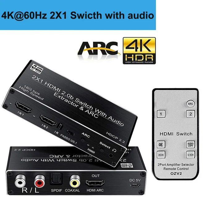 4K HDMI 2.0 오디오 추출기 블루투스 HDR 스위치 토스링크 5.1 컨버터 아크 스플리터, 01 4K 60Hz 2X1