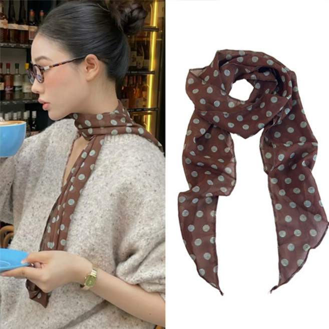 여성 클래식 브라운 도트 실크 롱 타이 머플러 스카프 F595