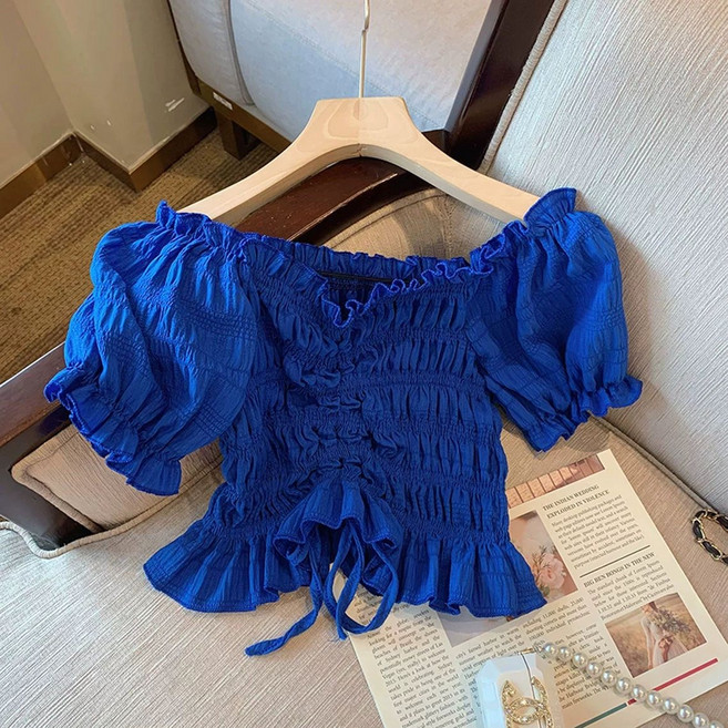 파란색 크롭티 오프숄더 코발트블루티셔츠 물놀이 배꼽티