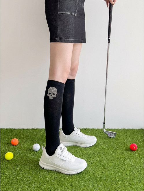 두꺼운 쿠션 해골 골프니삭스 스포츠전용 푹신한 파일 여자 여성 골프 양말 니삭스, 블랙