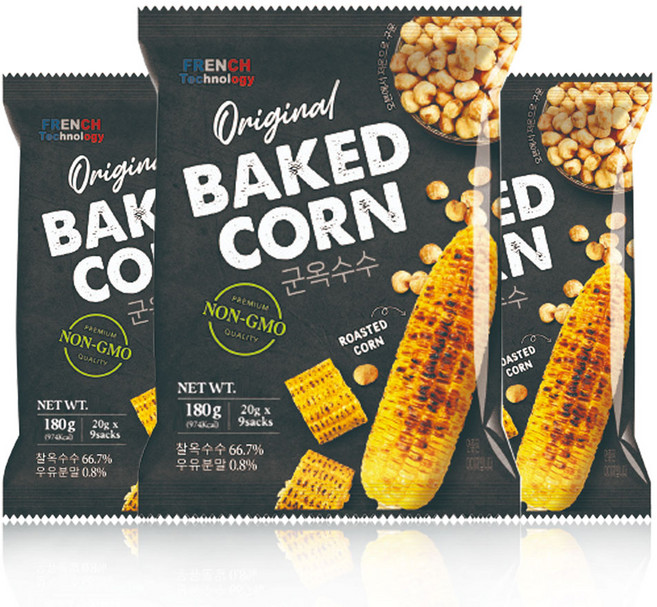 구운 옥수수 과자 찰옥수수 베이키드 콘 프로틴 10g함유 우유시즈닝 껍질제거 낱개포장 9개입, 3개, 180g