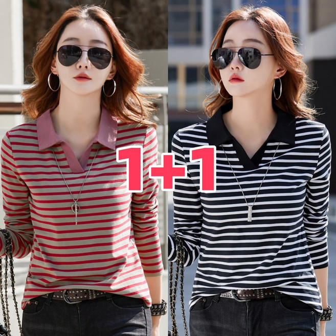 촹싱유푸이 1+1 여성 카라 긴팔티 스트라이프 티셔츠 100%면 가을 골프 긴팔티 니트긴팔티 폴로 줄무늬티셔츠 여성 골프웨어 상의 2장세트