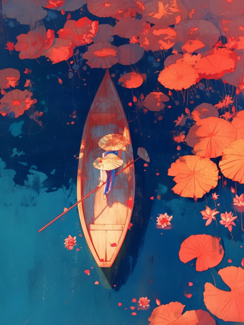 행복과 행운 불러오는 붉은 연꽃 일엽편주 3D 전체 보석십자수 평안 재 불어오는 골드연화 다이어몬드페인팅 원형 비즈 집콕취미 물 행운 캔버스액자 와이드형 그림, 07, 30*40cm (액자 없음)