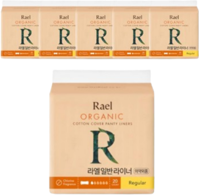 라엘 유기농 순면커버 팬티라이너 레귤러 20P 6개, 일반, 20개입