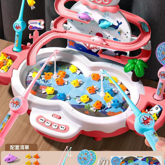 企鵝自動循環滑梯電動釣魚台玩具，附磁懸浮軌道與多層滑梯, 大號飛天三層粉 10魚2釣竿, 1套
