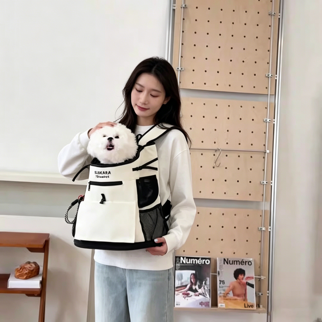 강아지 고양이 겸용 이동가방 반려동물 앞가방 포대기 슬링백 여름용 통기성 좋은 산책 외출 펫 캐리어 소형견 중형견 가능, 1개, 흰색