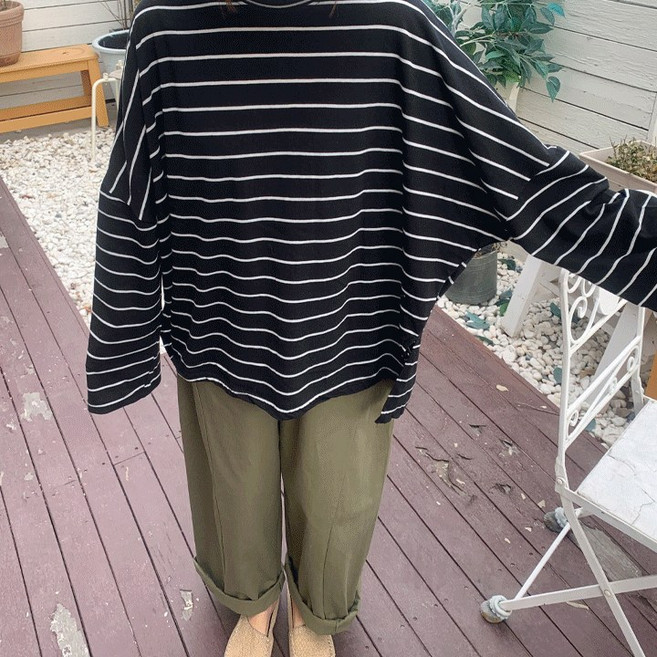 애플망고옷장 빅사이즈 버블단 긴팔 스트라이프 박스티셔츠 오버핏롱티