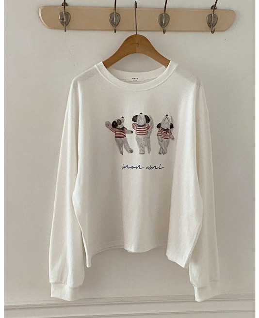 DIANA 水洗棉寬鬆復古法式狗狗長袖T恤 奶白色, 奶白