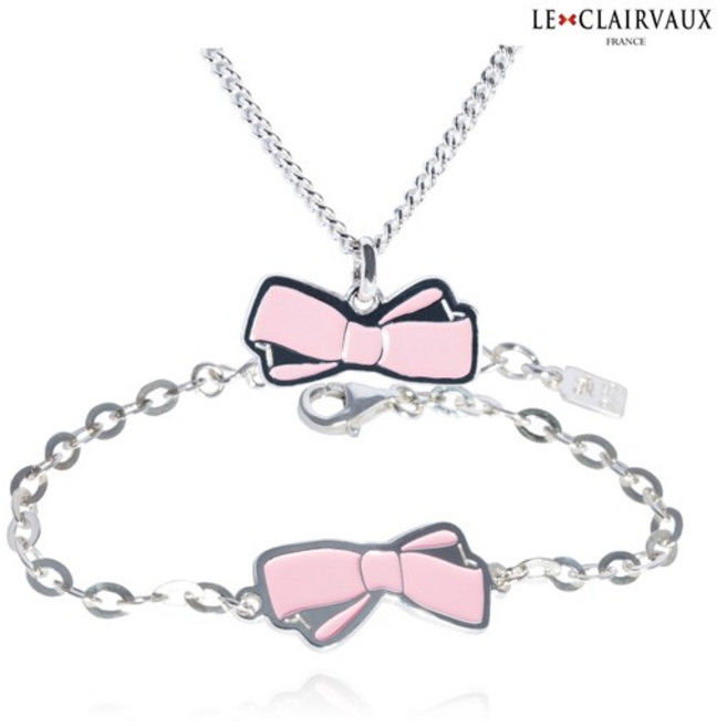 [르클레보] 핑크리본 미아방지 유아동 실버목걸이 팔찌 세트 SS9356