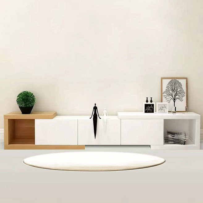 거실장 확장형 TV장 서랍형 거실장 오픈 캐비닛 책궤 수납 거실장, 오크 화이트